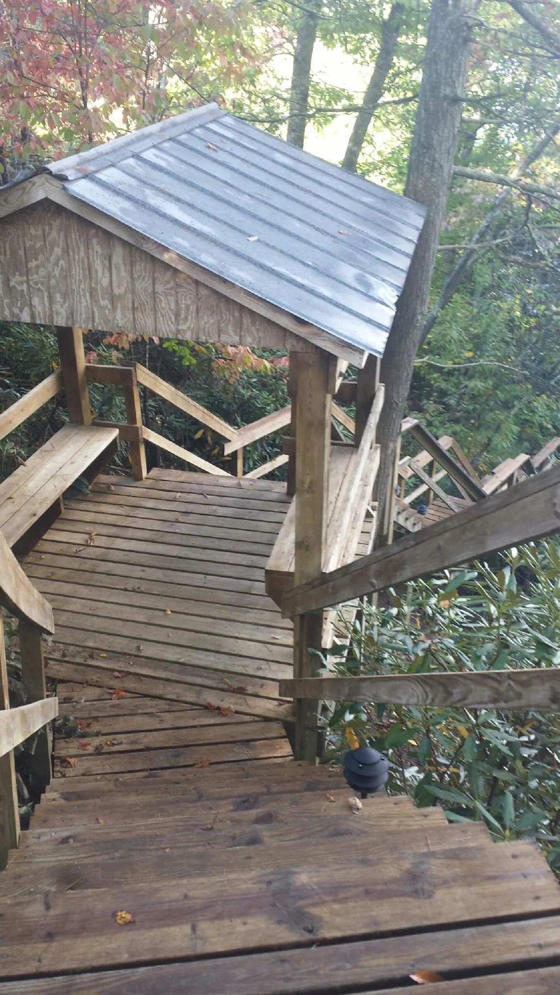 Metal roofed shelter over wooden steps on a wooded walkway — Skylight Repair & Installation work by our crew in Homewood